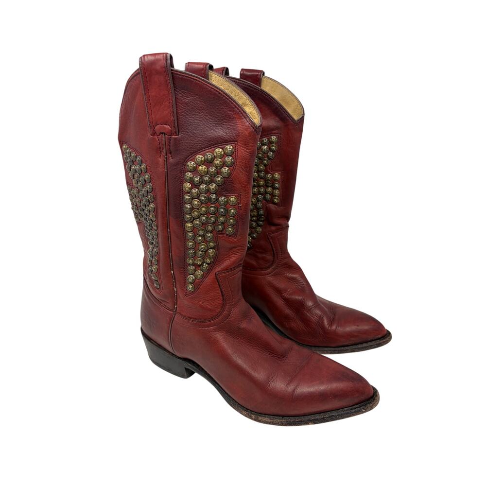 Frye women's Billy Hammered Stud Boots western cowboy 9B red studded leather